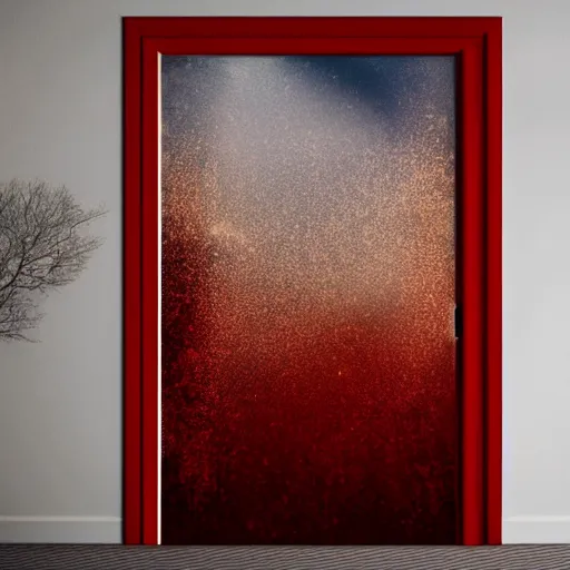 Image similar to The Door to the End, realism, magical, drifting mist, red-and-gold wallpaper