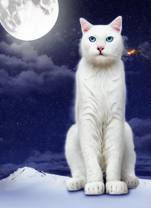 Image similar to giant white cat on a snowy mountain with lightning coming out of its paws, blue sky background with moon