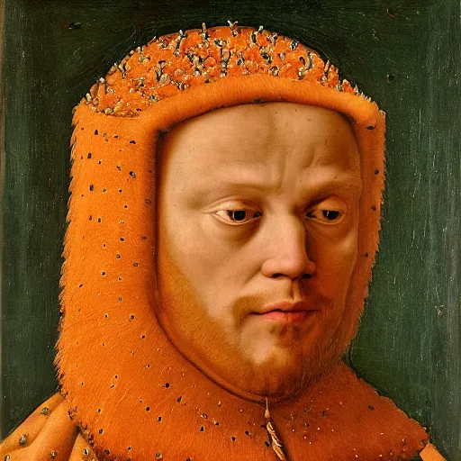 Image similar to portrait of a king with an orange cats head for a head, oil painting by jan van eyck, northern renaissance art, oil on canvas, wet - on - wet technique, realistic, expressive emotions, intricate textures, illusionistic detail