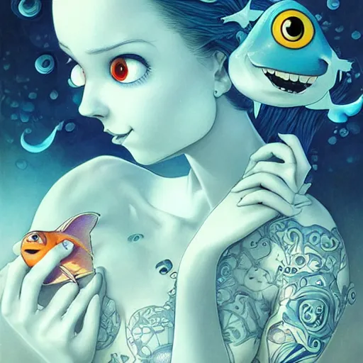 Prompt: Lofi aquatic portrait Pixar style by Joe Fenton and Stanley Artgerm and Tom Bagshaw and Tim Burton