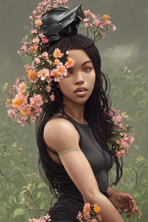 Image similar to ultra realistic illustration, black girl with flowers blossoming from helmet, elegant, highly detailed, digital painting, concept art, smooth, sharp focus, illustration, art by artgerm and greg rutkowski and alphonse mucha