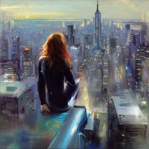 Prompt: “ girl sitting on a roof looking down at a futuristic new york city below, extremely detailed, by daniel gerhartz ”