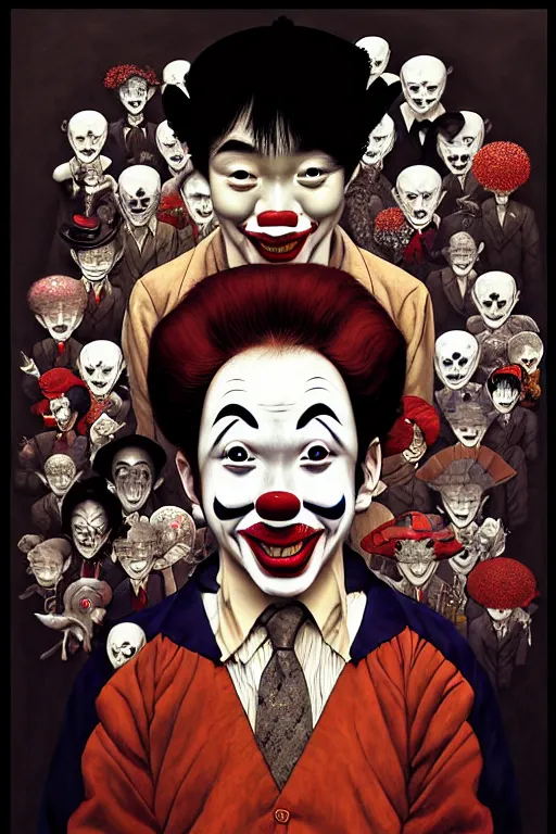 Image similar to my teacher as clown - composition : dynamic lighting, depth details, intricate, asymmetric, proportion, highly quality, balance, unity, extremely highly detailed. art by : bambang nurdianshyah, garis edelweiss, roby dwi antono and ayami kojima, takato yamamoto, barclay shaw, karol bak, yukito kishiro, norman rockwell