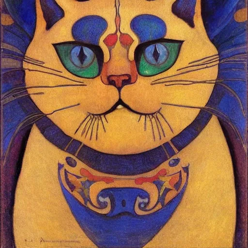 Prompt: painting of cloisonne cat head, by annie swynnerton and diego rivera and nicholas roerich and jean delville, symbolist, dramatic lighting, god rays, art brut, rich colors, smooth, sharp focus, extremely detailed, adolf wolfli and ( donato giancola and bilibin )