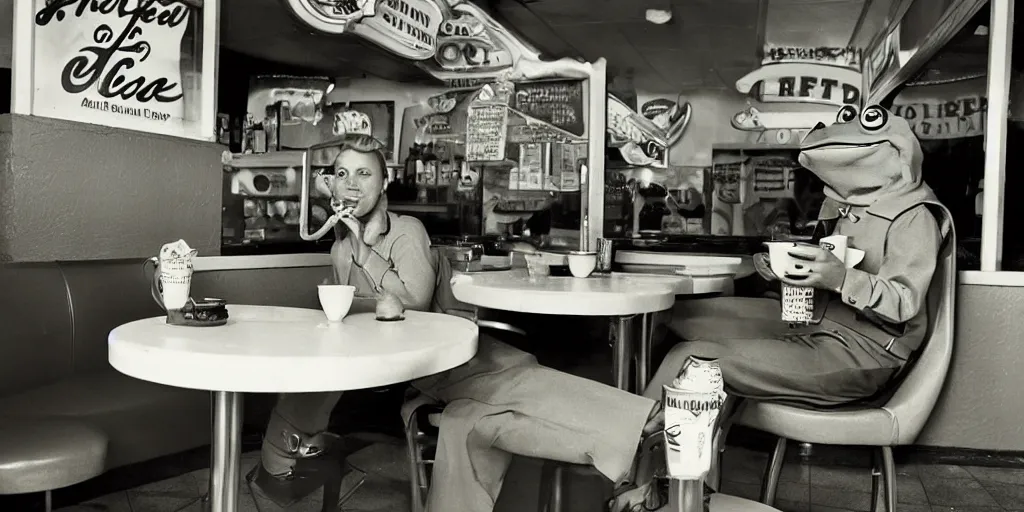 Prompt: friendly frog sipping coffee in a 1950's diner. old photograph. route 66. americana.