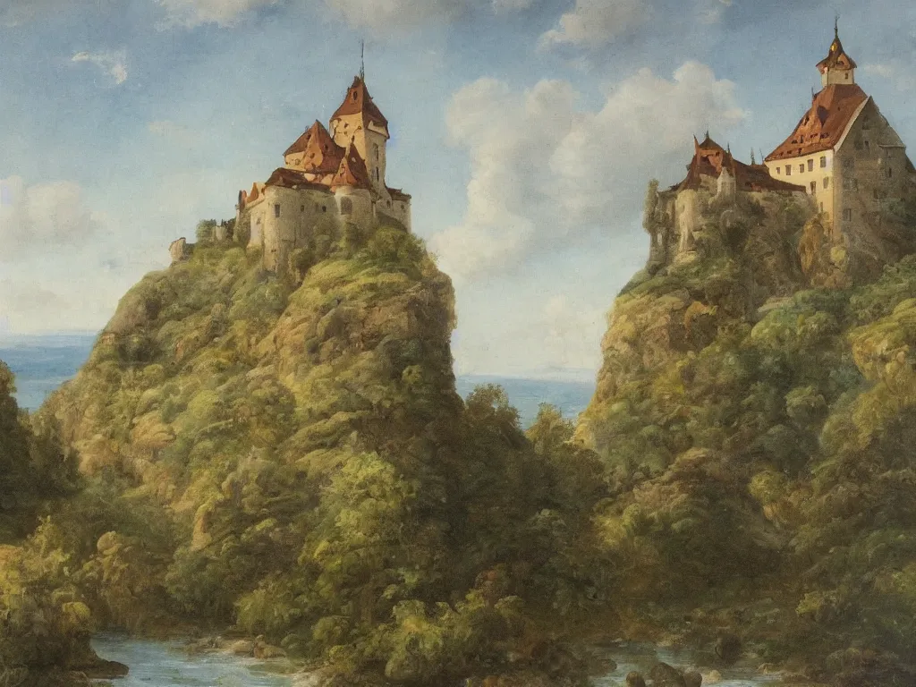 Image similar to a landscape painting of a german castle on the cliff