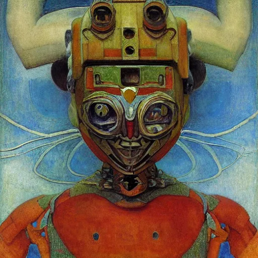 Image similar to the mechanical robot in her floral mask, by annie swynnerton and diego rivera, and nicholas roerich and jean delville, symbolist, dramatic lighting, elaborate geometric ornament, art brut, soft cool colors, smooth, sharp focus, extremely detailed, adolf wolfli