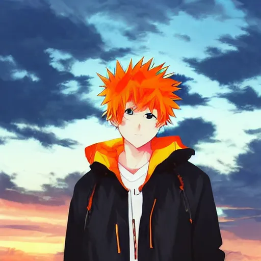 Image similar to orange - haired anime boy, 1 7 - year - old anime boy with wild spiky hair, wearing blue jacket, golden hour, partly cloudy sky, red clouds, orange sky, strong lighting, strong shadows, vivid hues, ultra - realistic, sharp details, subsurface scattering, intricate details, hd anime, 2 0 1 9 anime