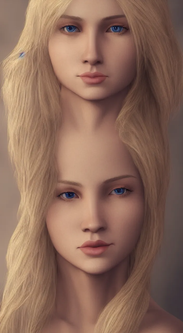 Prompt: a beautiful portrait of a blonde haired with intricate details, correct anatomy. her eyes are bright blue and slightly closed, her nose is soft and downturned. volumetric lights, 8 k, intricate detail, anatomically correct, soft lighting, sheer, trending on artstation, deviantart