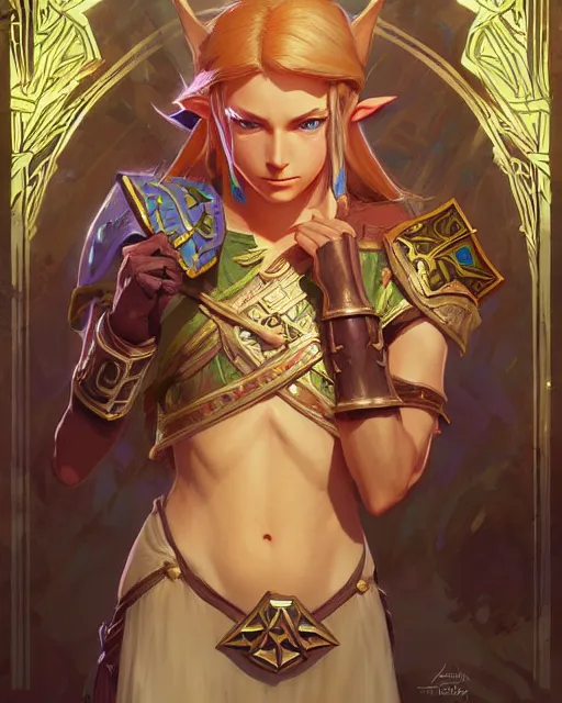 Image similar to legend of Zelda, D&D, fantasy, intricate, elegant, highly detailed, digital painting, artstation, concept art, matte, sharp focus, illustration, hearthstone, art by Artgerm and Greg Rutkowski and Alphonse Mucha