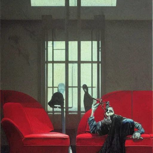 Image similar to michael myers sitting in a red sofa in an art deco living room, award - winning realistic sci - fi concept art by beksinski, bruegel, greg rutkowski, alphonse mucha, and yoshitaka amano