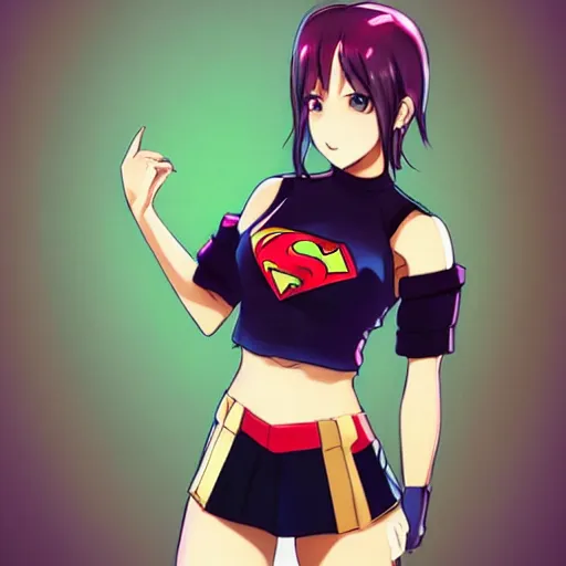 Prompt: very very very beautiful woman in her 20s anime dream girl wearing a superhero miniskirt, exposed midriff, full body portrait, smiling, flirty, eye contact, perfect body, perfect face, drawn by artgerm