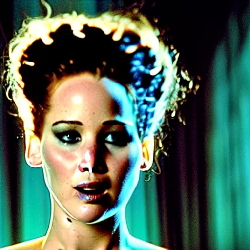 Prompt: jennifer lawrence as the bride of frankenstein, color photography, sharp detail, confused, still from the movie underworld