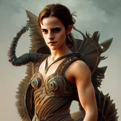 Prompt: portrait of emma watson, muscular, upper body,big chest, amazon warrior, fantasy, intricate, elegant, highly detailed, digital painting, artstation, concept art, matte, sharp focus, illustration, art by Artgerm and Greg Rutkowski and Alphonse Mucha