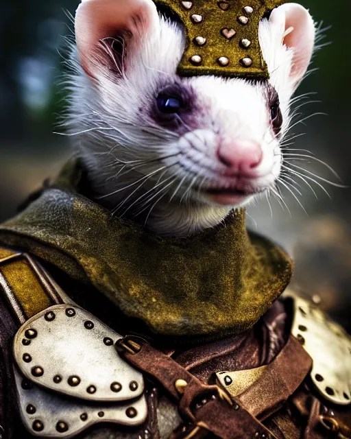 Prompt: ferret love warrior, furry, fantasy, viking, high detailed, hearts, photography, cloudy, lightweight leather armour, scandinavia, plain, detailed face, look into the distance, serious face, full body, in full growth, professional photographer, masterpiece, 5 0 mm, extremely detailed, digital art, middle ages, 8 k