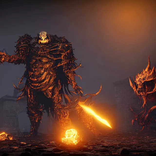 Image similar to sans undertale monster reimagined as a boss in dark souls, dark cinematic, volumetric, realistic, cinematic lighting, ray tracing, unreal engine 5, unreal engine render, octane render, hyper realistic, photo, 8 k