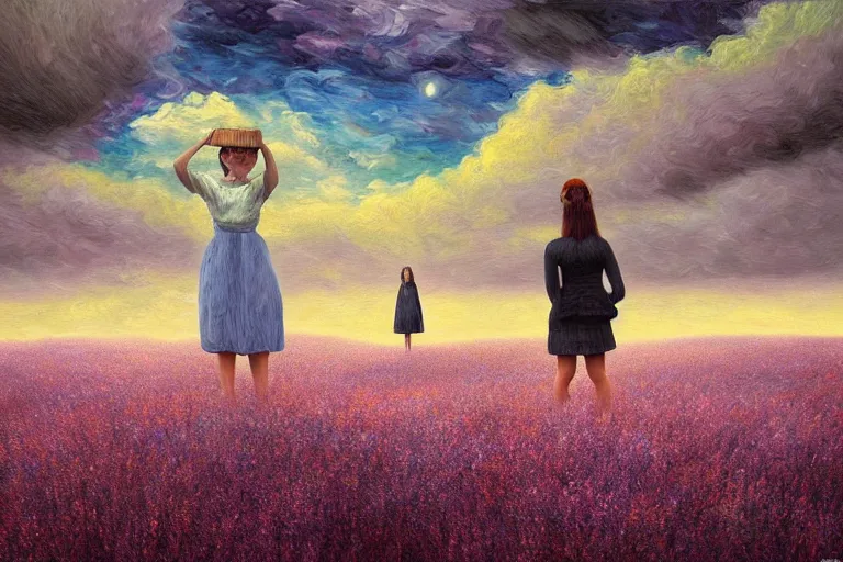 Image similar to giant flower heads, women standing in heather hills, surreal photography, stormy sky, dramatic lighting impressionist painting, digital painting, artstation, rob gonsalves