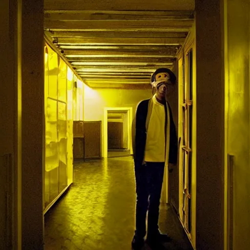 Prompt: ! dream a man wearing a lab coat inside endless backrooms with old yellow wallpaper, liminal space, flickering fluorecent lights, eerie mood