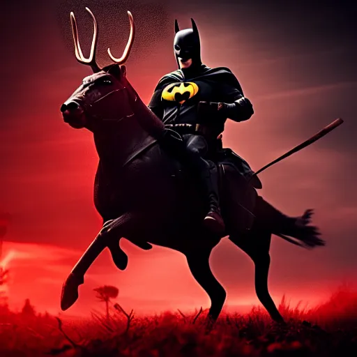 Image similar to batman riding red deer in battlefield, dark, cinematic lighting, chaotic, wide shot, photorealistic, photograph