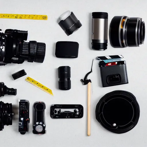 Prompt: flat lay filmmaking equipment, photorealistic, detailed, hyperreal,