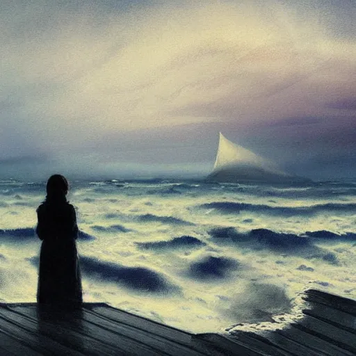 Prompt: atmospheric dreamscape painting of a woman on a pier on a stormy day, gazing out over the tormented waters by moebius and john harris, atmospheric blues, concept art, saturation 40