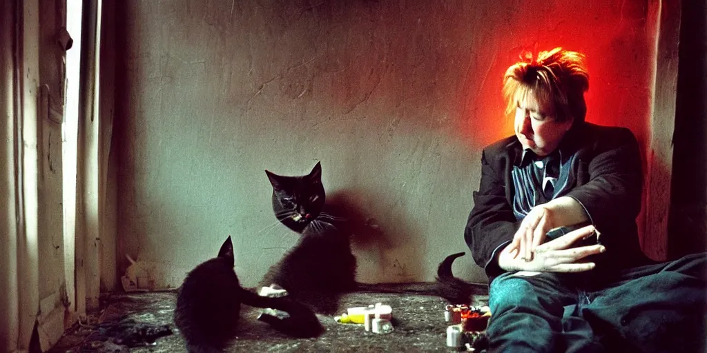 Image similar to award winning photo of BILL HICKS, david lynch, cute cat, smoking weed in new york, vivid colors, happy, symmetrical face, beautiful eyes, studio lighting, wide shot art by gregory crewdson, Sally Mann & Arnold Newman