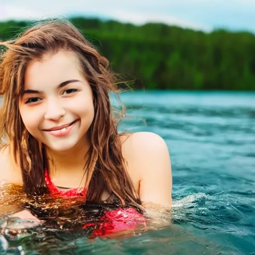 Prompt: closeup photo of a beautiful girl swimming in a lake