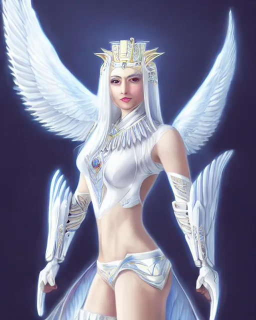 Image similar to perfect white haired egyptian goddess wearing white dove wings, warframe armor, regal, attractive, ornate, sultry, beautiful, ice queen, half asian, pretty face, blue eyes, detailed, scifi platform, 4 k, ultra realistic, android body, illuminated, cinematic, masterpiece, art by akihito tsukushi, voidstar, artgerm