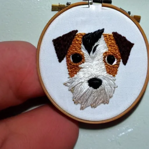 Image similar to a tiny beautiful handmade embroidery of a cute long haired jack russell terrier puppy, white with brown spots and patches over both eyes. hand embroidery.