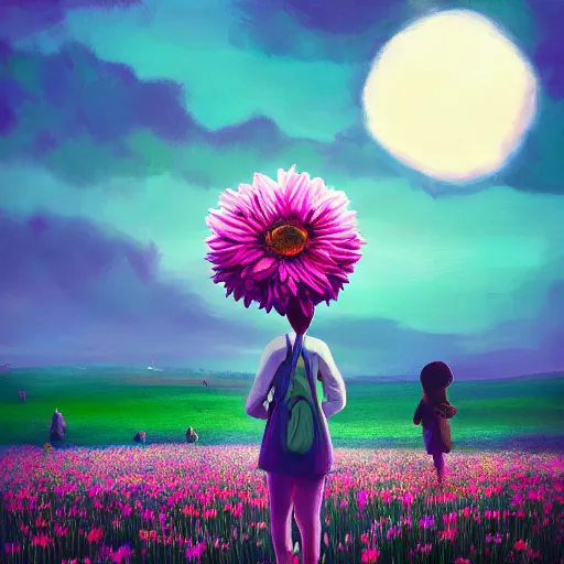 Image similar to giant daisy flower as a head, girl walking in flower field, surreal photography, moon light, dramatic, impressionist painting, colorful clouds, digital painting, artstation, simon stalenhag