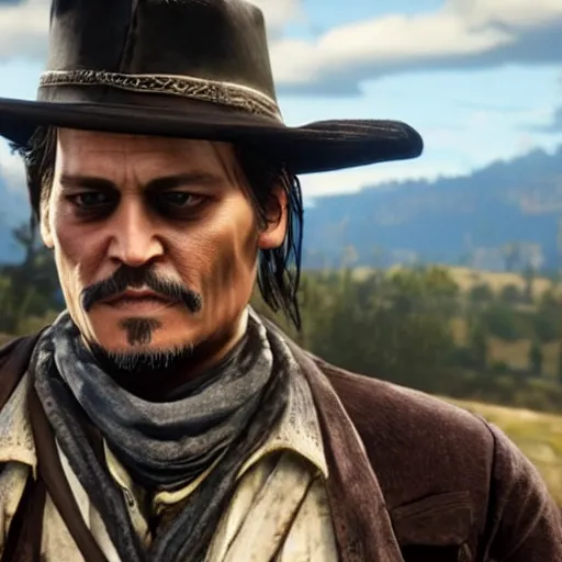 Prompt: johnny depp holding a shotgun in rdr 2, highly detailed