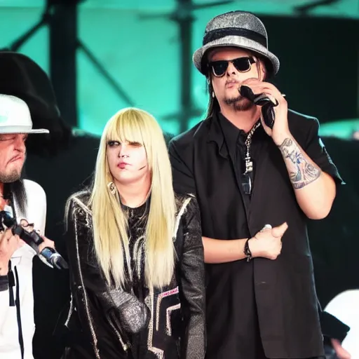 Image similar to billie joe on the stage looking bored and irritated. kid rock is in the middle with wendy.