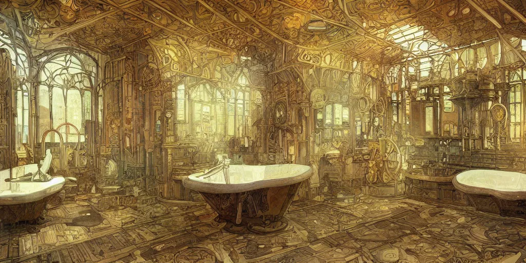 Prompt: a photo of a concept architecture art house steampunk bathroom, style brutalism, extremely detailed, sharp focus, wide view, smooth, digital illustration, colorfull, by william turner, by alphonse mucha