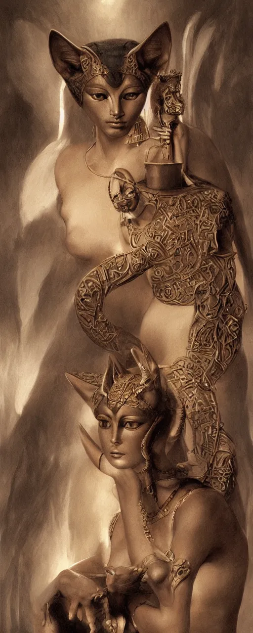 Image similar to goddess bastet, highly detailed, concept art, intricate, sharp focus, einar jonsson and bouguereau