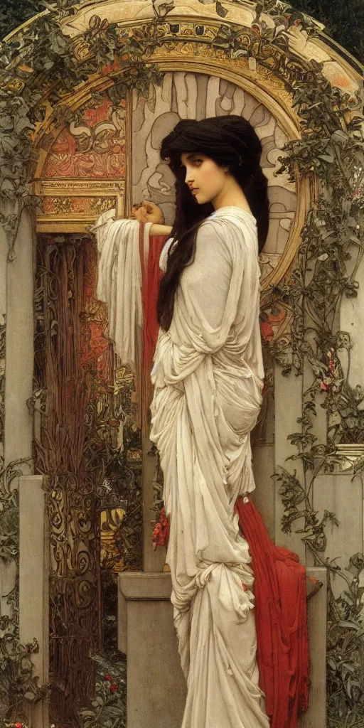 Image similar to at the gate of the temple by john william godward painted by alphonse mucha