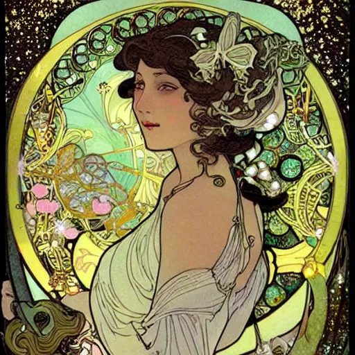 Prompt: princess fairy creating galaxies, art nouveau by Mucha, beautiful detailed illustration