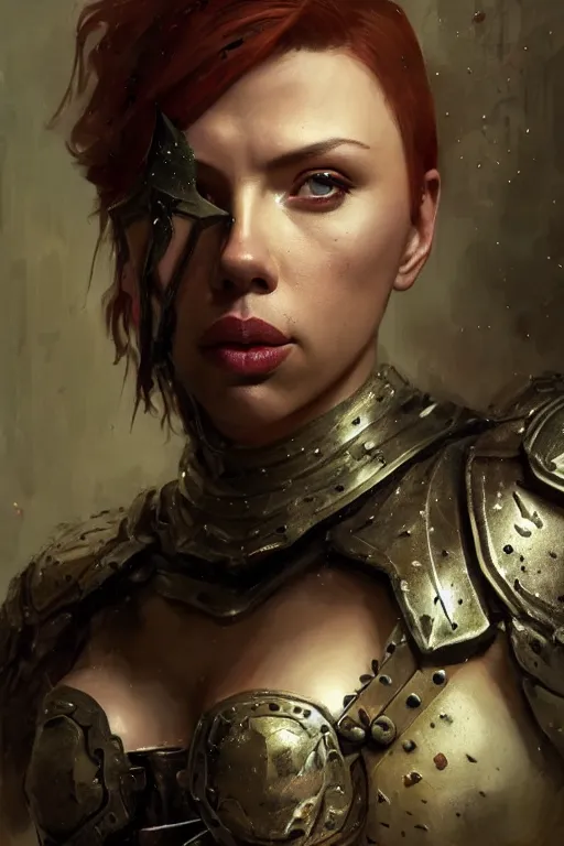 Image similar to scarlet johansson, legendary warrior, heroic fighter, dungeons & dragons, tattoos, decorative ornaments, battle armor, by carl spitzweg, ismail inceoglu, vdragan bibin, hans thoma, greg rutkowski, alexandros pyromallis, perfect face, detailed, sharply focused, centered, rule of thirds, realistic shading