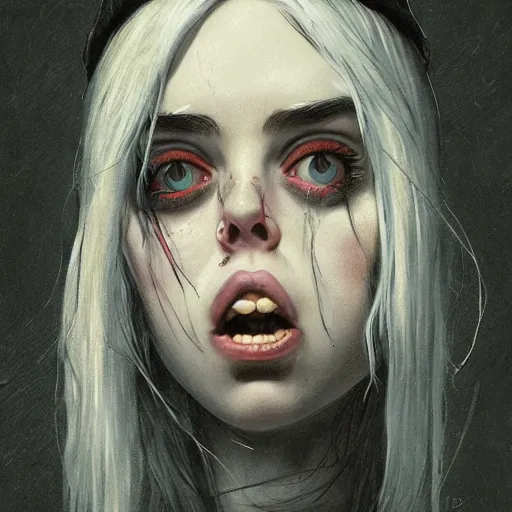 Prompt: billie eilish, horror, grunge, loony toons style, illustrated by Greg Rutkowski and Caspar David Friedrich., Trending on artstation, artstationHD, artstationHQ, 4k, 8k