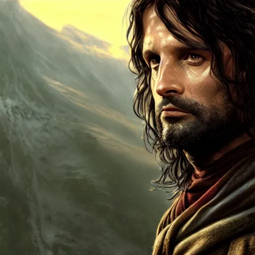 Prompt: Portrait of Aragorn, High King of the Reunited Kingdom, golden hour, detailed matte painting, cinematic, Alan Lee, Artstation