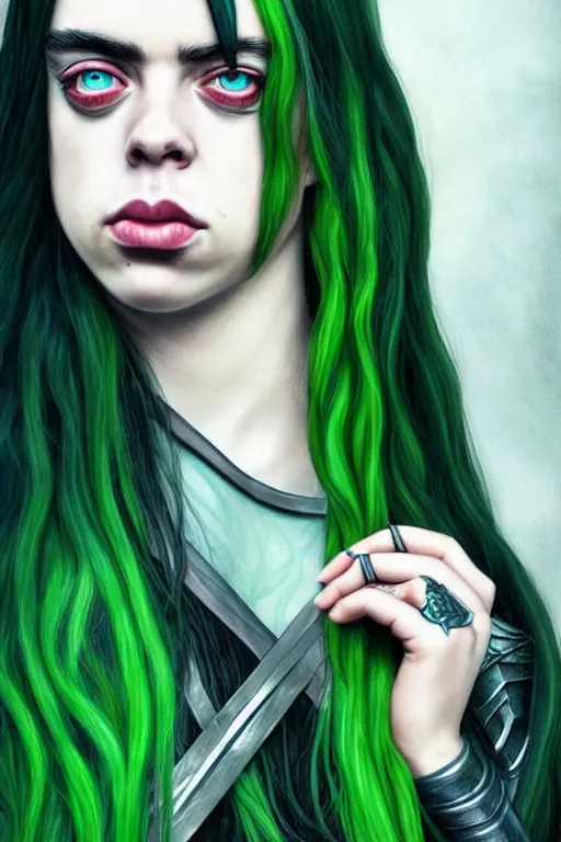 Image similar to Billie Eilish as female loki by Ian Srigger, hyper detail, hyper realistic