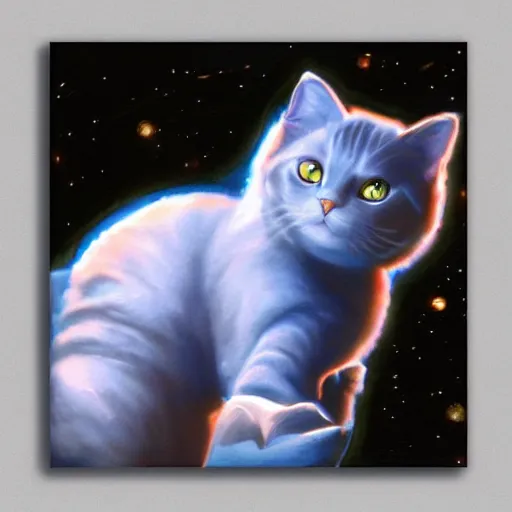 Image similar to A cat with beautiful blue eyes in a space suit flying over the Earth, oil painting, concept art, trending on artstation