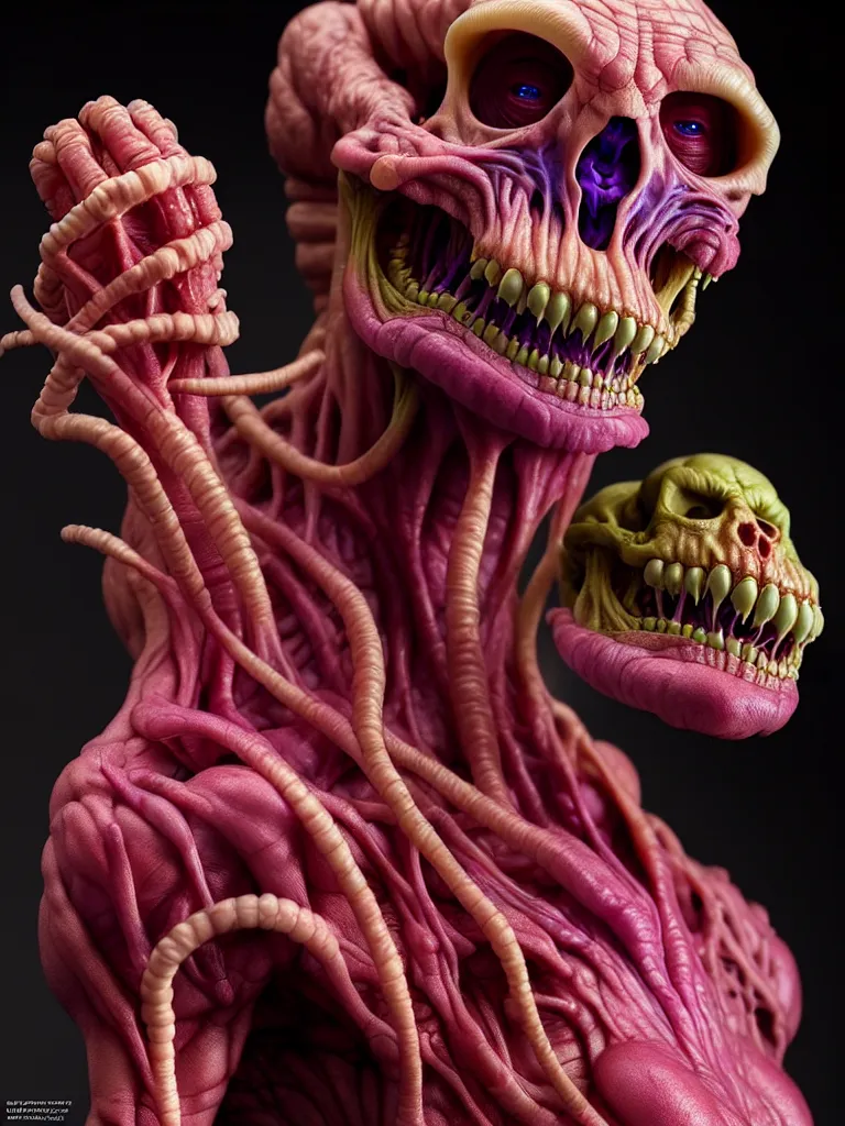 Image similar to hyperrealistic rendering, fat smooth cronenberg flesh monster skeletor by donato giancola and greg rutkowski and wayne barlow and zdzisław beksinski, product photography, action figure, sofubi, studio lighting, colored gels