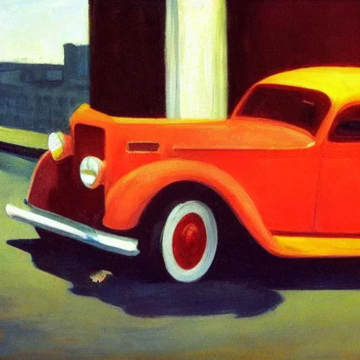 Image similar to an angel fixing their broken down car in hell, painted by edward hopper,