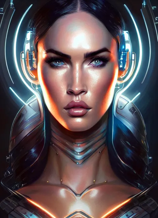 Image similar to portrait of cyborg warrior, megan fox, intricate, elegant, glowing lights, highly detailed, digital painting, artstation, glamor pose, concept art, smooth, sharp focus, illustration, art by artgerm and greg rutkowski, artey freytag