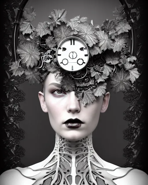 Image similar to monochrome profile portrait painting, silver lace floral steampunk biomechanical beautiful young female cyborg with techno eye, volumetric light, leaves foliage and stems, hibiscus flowers, sinuous fine roots, fine foliage lace, alexander mcqueen, rim light, big gothic fashion pearl embroidered collar, octane render, dutch masters, 8 k