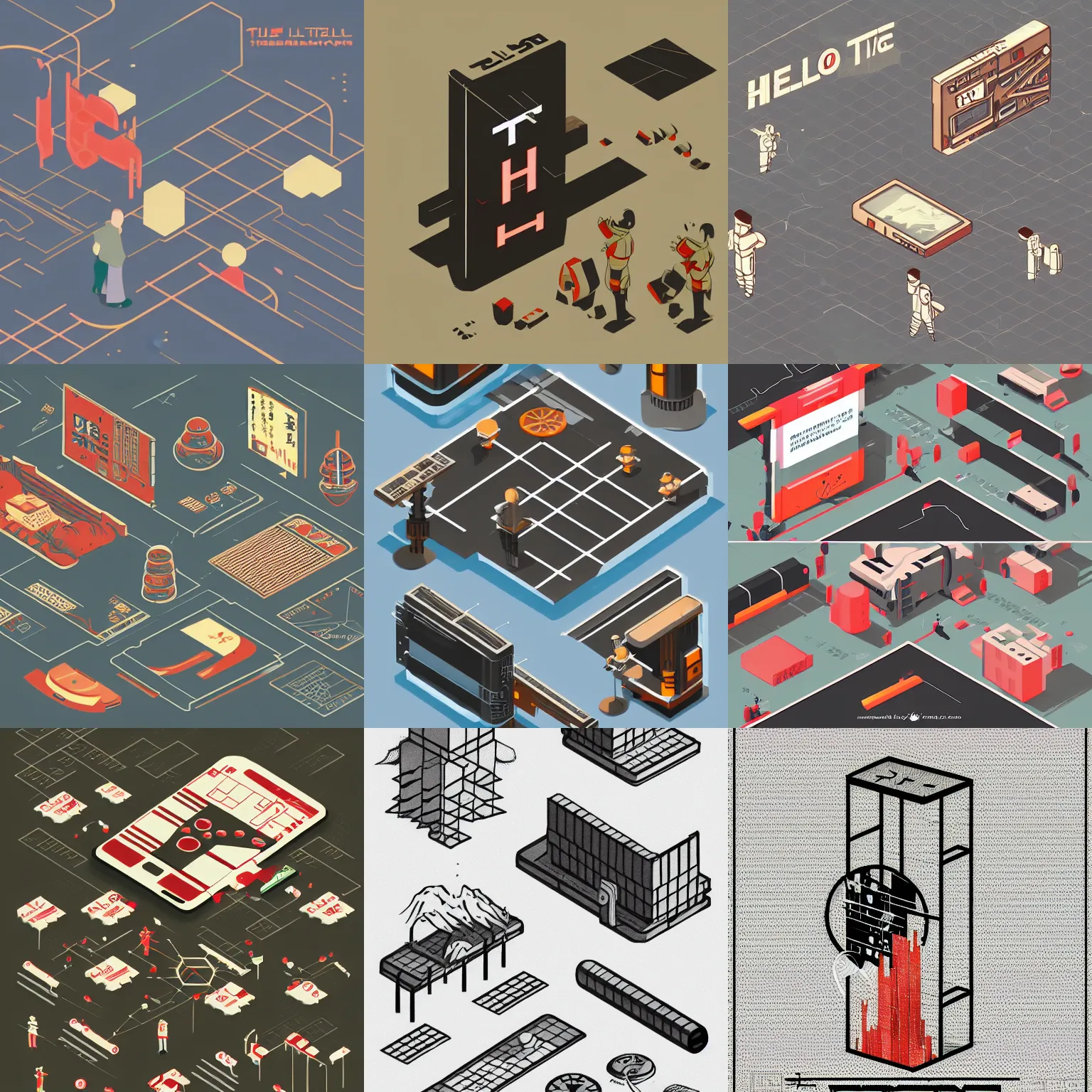Prompt: The text Hello, Traditional japanese concept art, industrial scifi, technical drawing, vector art, isometric illustration, 8k