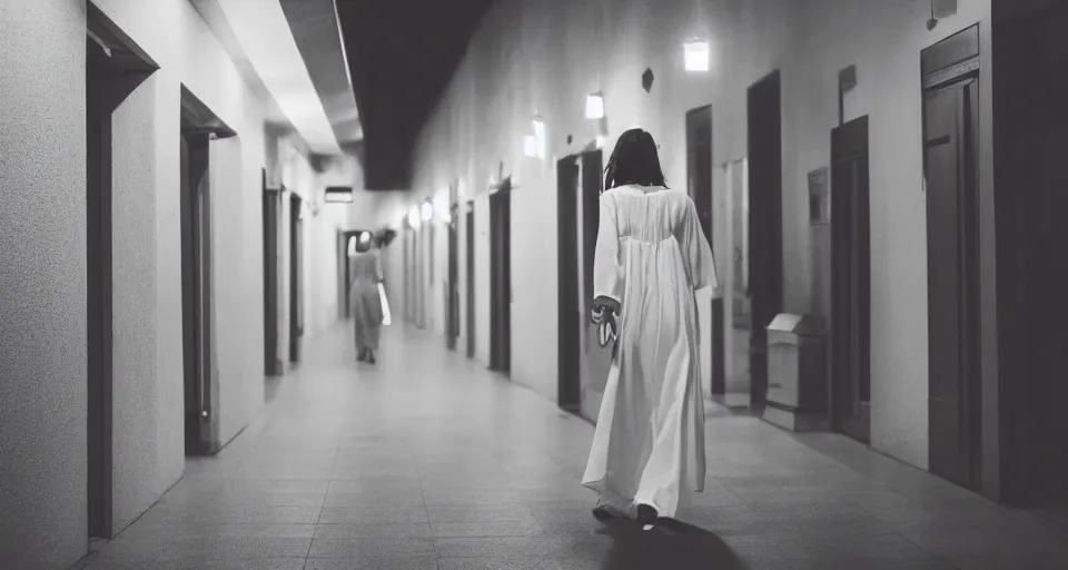 Prompt: A beautiful woman in white is walking hallway at night , view from front.