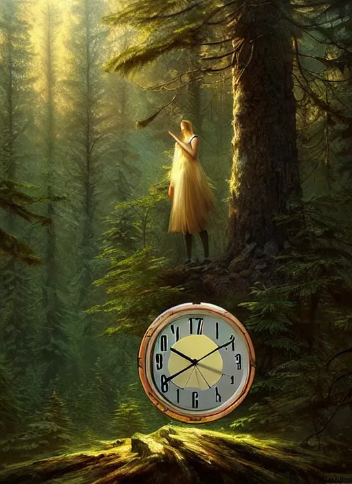 Image similar to a clock integrated in the forest environment, elegant, sharp focus, illustration, highly detailed, digital painting, concept art, matte, art by wlop and artgerm and ivan shishkin and andrey shishkin, masterpiece