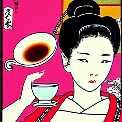 Prompt: Beautiful Japanese woman drinking tea with a snake by Toshio Saeki ultra high detailed