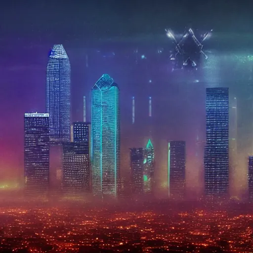 Image similar to bladerunner style dallas skyline picture, beksinski and cyberpunk 2 0 7 7 style